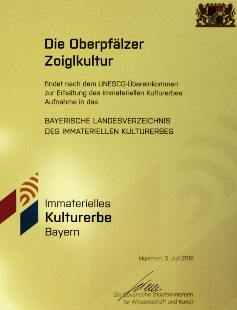 Urkunde zur Oberpfälzer Zoiglkultur des Bayerischen Staatsministeriums.